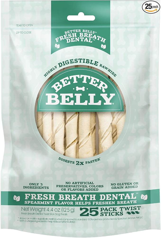 Better Belly Fresh Breath Dental Twist Sticks,Highly Digestible Rawhide for Dogs, 25 Count
