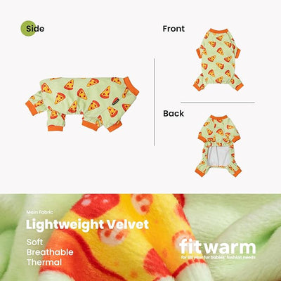 Fitwarm Pizza Dog Fleece Pajamas, Funny Cozy Clothes for Small Dogs Boy Girl, Soft Pet Onesie, Light Green, Orange, Medium