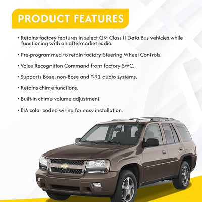 CRUX SWRGM-48 radio replacement interface retains Steering Wheel Control functionality and factory Chime features on select GM Class II vehicles with Bose Amplified & Non-Amplified Systems (2002-2013)