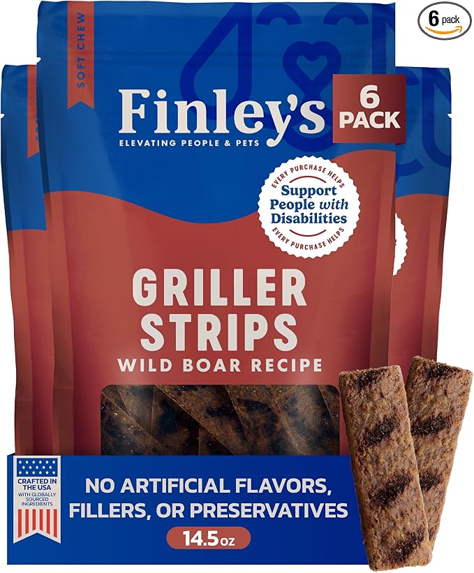 Finley's Wild Boar Griller Strips for Dogs, Jerky-Style Dog Treats with Real Ingredients for All Breeds and Sizes, 14.5oz, 6 Pack
