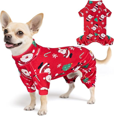 KYEESE Christmas Dog Pajamas Santa Claus Turtleneck Dog Pjs for Small Dogs Holiday Pet Onesie Soft Velvet 4 Legs Cozy Pet Sleepwear Warm Puppy Christmas Outfit, X-Small