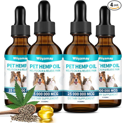 Woyamay Camling Oil for Dogs and Cats - Camling Oil Drops Rich in Omega 3, 6, 9 and Organic Extract Helps Pets with Аnxiеty & Strеss, Hip & Joint, Skin & Coat Support (4 Pack)