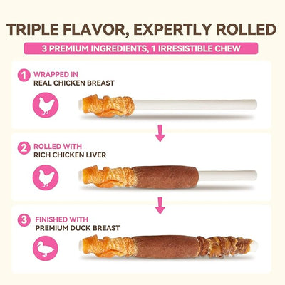 Dog Chew Treats, Long-Lasting Rawhide Sticks with Chicken, Duck & Chicken Liver, High-Protein Beefhide Chews for Small, Medium & Large Dogs, 5 Inch, 30 Count, 21.16 oz