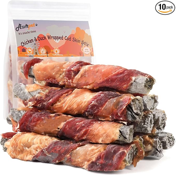 Dog Cod Skin Treats, Chicken & Duck Wrapped Cod Skin Sticks, Rawhide Free Dog Treats Chews Bones