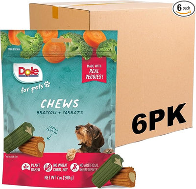 Dole for Pets Dog Chews Broccoli and Carrot Vegetable Flavored Treats No Artificial Colors Flavors Preservatives No Wheat Corn Soy Plant Based 7.05 OZ 6 Pack for Everyday Rewarding and Training Use