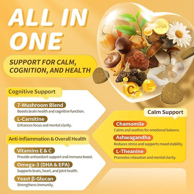 Advanced Calming Chews for Dogs-Brain & Composure Support with 7 Mushrooms, Ashwagandha, Omega-3 DHA & EPA, Anxiety Relief Dog Calming Treat, All Breeds & Sizes, Chicken Flavor, 135Ct