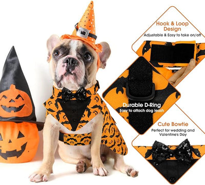 Kuoser Dog Tuxedo Suit and Bandana Set, Bat Pumpkin Print Dogs Halloween Outfit Adjustable Dog Halloween Costume with Bow Tie for Large Medium Small Dogs Golden Retriever Samo Bulldogs, Orange 2XL