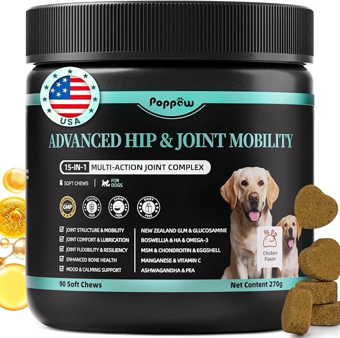 Advanced Dog Joint Supplement – 15-in-1 Glucosamine for Dogs with Chondroitin, MSM & Green Lipped Mussel – Hip & Joint Pain Relief Mobility Chews, Chicken Flavor, 90Ct Breeds