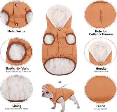 SAWMONG Waterproof Dog Winter Coat, Warm Fleece Lined Dog Jacket with Hood, Windproof Puppy Coat, Pet Apparel Vest Outdoor&Indoor Winter Activities(Khaki,XS)