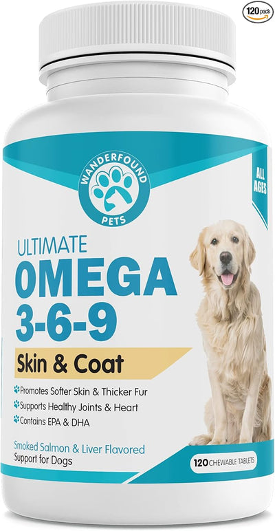 Wanderfound Pets - Omega 3 Fish Oil for Dogs, Smoked Salmon and Liver Flavor, 120 Chewable Tablets