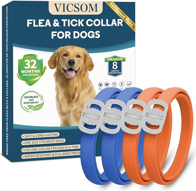 Dog Flea and Tick Collar 4 Pack, Waterproof Adjustable Collar for Dogs and Puppies, 32-Month Prevention, Blue & Orange