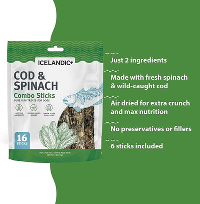 Icelandic+ Combo Sticks: Cod & Spinach - 16ct, 5.1oz Bag - Dog Treats, 2 Ingredient Pet Snacks, Wild Caught Fish, Slow Baked, Crunchy Natural Chews