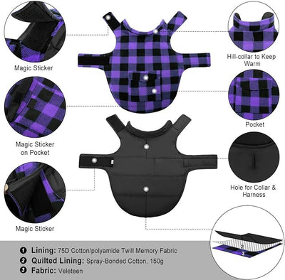 ASENKU Dog Jacket Plaid Reversible Reversible Dog Vest Waterproof Cold Winter Clothes Pet Apparel for Small Medium Large Dogs (L, Purple)