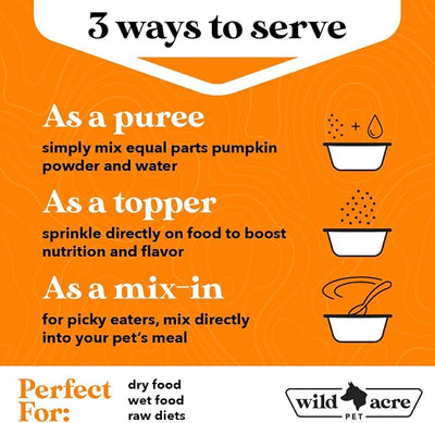 Wild Acre Pumpkin Powder for Dogs - No More Diarrhea or Scoots! - Digestive Puree Treat or Food Topper - Fiber Supplement for Dogs with Prebiotics, 16oz
