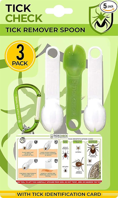 TickCheck Tick Remover Spoon - 3 Pack of Lightweight Tick Remover Tools with Free Tick ID Card & Carabiner (5 Sets, 3 Spoons)
