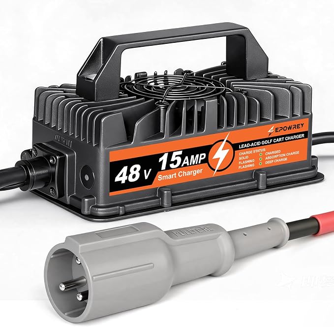EPOWREY 15 AMP Golf Cart Charger 48 Volt 3-Pin Round Plug for Club Car Precedent & DS-Lead Acid Battery