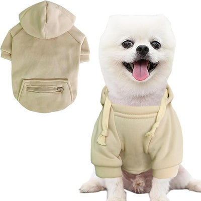 Jecikelon Dog Hoodies for Small Dogs with Zipper Pocket, Soft Fleece Puppy Clothes with Rope Hat, Warm Winter Outfits Cold Weather Coats, Cute Sweatshirt Chihuahua Costume (Beige, Small)