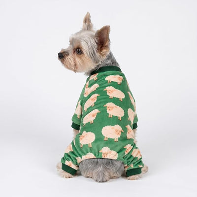 Fitwarm Funny Sheep Dog Pajamas, Warm Winter Dog Clothes for Small Dogs Boy Girl, Cozy Pet Onesie with Feet, Green, White, Medium