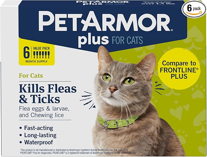 PetArmor Plus Flea and Tick Prevention for Cats over 1.5 lbs, Cat Flea and Tick Treatment, 6 Doses, Waterproof Topical, Fast Acting