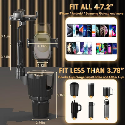 bokilino Phone Holders for Your Car, 2 in 1 Universal Cup Holder Expander Adjustable Base with Phone Mount, Long Arm with 360°Rotation Cup Holder Phones Mount for Car Compatible with All Smartphones