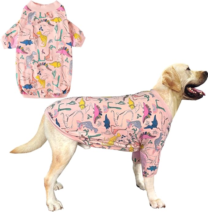 Dog T Shirts Cotton Dinosaur Pattern Prints Shirt Pajamas Pets Breathable Stretchy Clothes for Extra Large Dogs (XL,Pink Dinosaur)