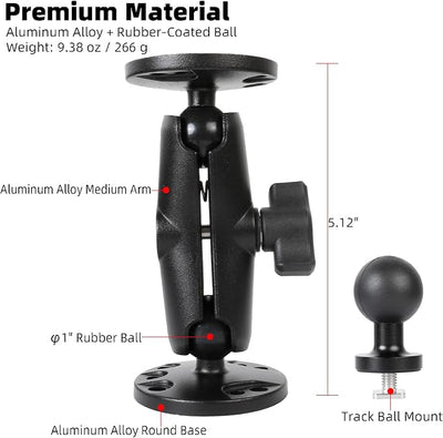 Aluminum Kayak 1" Ball Mount for Garmin Striker 4 / Plus 4 / Vivid 4cv, Fish Finder Mount with Round Plates & T-Bolt Track Base, Medium Arm Marine Electronic Holder Compatible with Lowrance, Raymarine