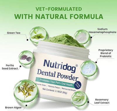 Dog Dental Powder - Dog Teeth Cleaning Powder for Removing Dental Plaque - Plaque & Bad Breath Off Powder with Probiotics & Brown Algae - Dental Care for Dogs & Cats - 90g