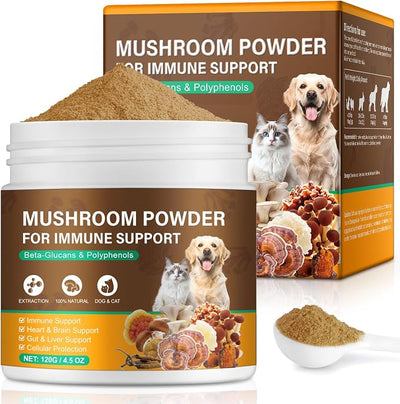 Mushroom Supplement Powder for Dogs & Cats, 11 Beneficial Mushroom Complex for Immune Support, Cellular Protection, Heart & Brain Health Lion's Mane, Reishi & Turkey Tail, Bacon Flavor - 120g