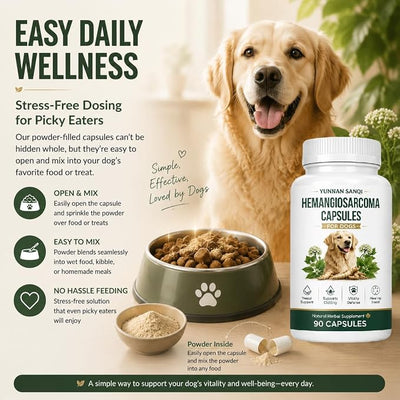 Yunnan Sanqi Capsules for Dogs - Herbal Quick Stop Bleeding & Circulatory Support for Hemangiosarcoma, Hemoabdomen, Pericardial Effusion, Severe Bruising, Ulcer-Related Bleeding, 90 Capsules