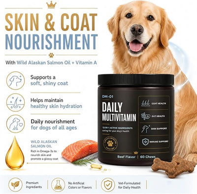 DM-01 Daily Multivitamin Soft Chews for Dogs, with Salmon Oil, Glucosamine HCl, Chondroitin, B Vitamins & Folic Acid, Skin & Coat, Joint, Digestive & Immune Support, Beef Flavor, 60 Soft Chews