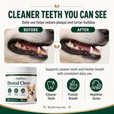Holipaw Dental Chew for Cleaner Teeth & Fresher Breath, Dental Treats with Kelp Extract, Probiotics, Parsley & Peppermint, Supports Plaque Control and Gum Health, Natural Chicken Flavor, 60 Count