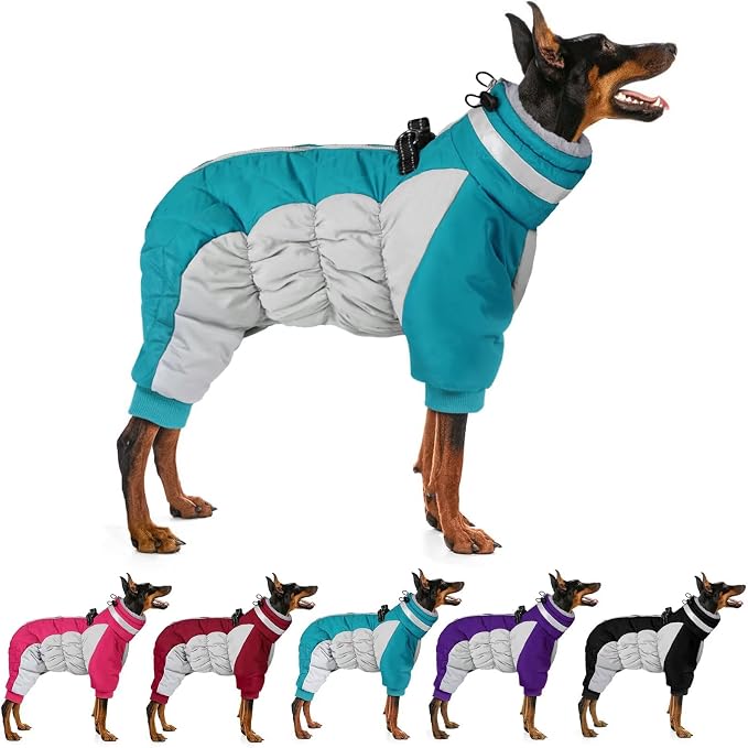 MIGOHI Full Body Dog Coat，Warm Coats for Medium Dogs | Reflective Winter Coat for Dogs with Harness,Turtleneck Dog Snowsuit with Legs,Windproof Pet Fleece Puffer Jacket,XL,Turquoise