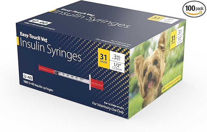 Easy Touch Pet U-40 Insulin Syringes for Dogs & Cats – 31G 0.3cc 1/2", Half-Unit Markings, Compatible with U-40 Insulin, Box of 100 (For Animal Use Only)
