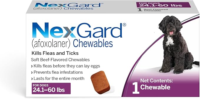 NexGard® (afoxolaner) Flea and Tick Protection for Dogs Oral Soft Beef Flavored Chewables, 24.1 to 60 lbs. (Purple Box) 1 Chew (1 Month Supply)
