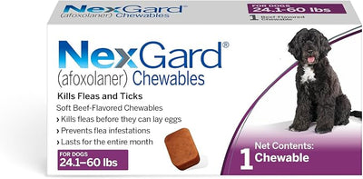 NexGard® (afoxolaner) Flea and Tick Protection for Dogs Oral Soft Beef Flavored Chewables, 24.1 to 60 lbs. (Purple Box) 1 Chew (1 Month Supply)