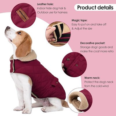 Winter Coat for Medium Dogs, Dog Plaid Jacket, Pets Coat for Cold Weather, Windproof Warm Garments, Pet Thickened Outfits Indoor Outdoor, Burgundy M
