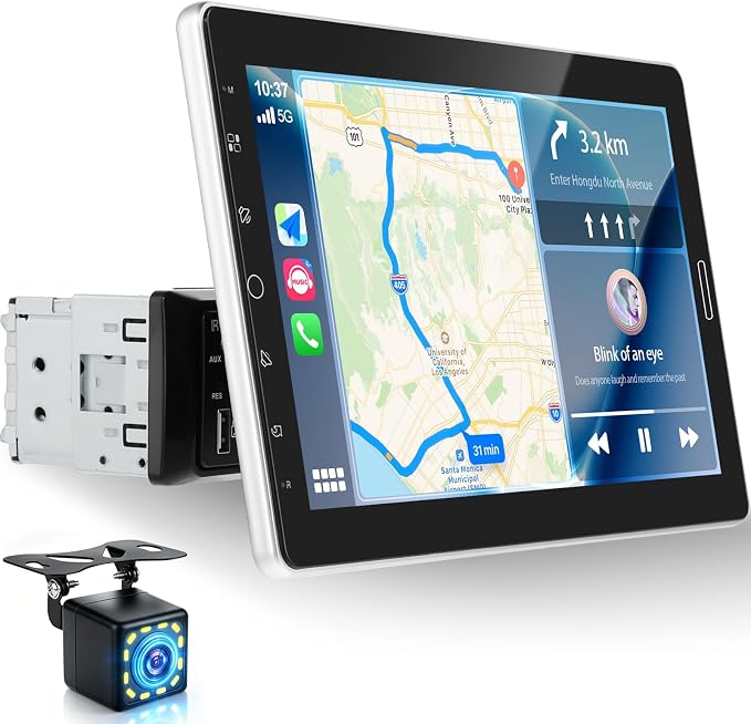 10 inch Single Din Car Stereo 10.1 Touchscreen Radio with CarPlay | Android Auto/Mirror Link/Bluetooth/1080P Screen/EQ Audio/Car Play/SWC +Backup Camera