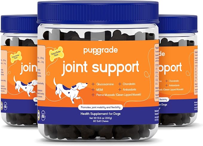 PupGrade Joint Support Supplement for Dogs - Glucosamine + Chondroitin with MSM and Perna - Supports Normal Hip & Joint Health for Occasional Discomfort, Peanut Butter Flavor - 180 Soft Chews