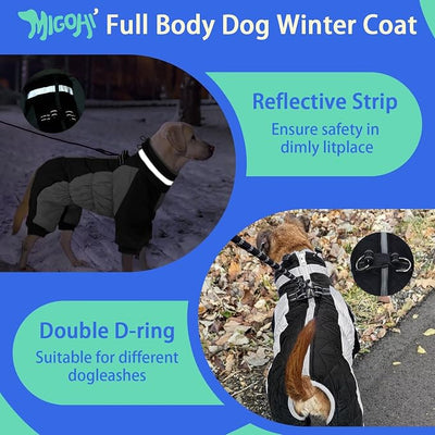 MIGOHI Full Body Dog Coat，Warm Coats for Large Dogs | Reflective Winter Coat for Dogs with Harness,Turtleneck Dog Snowsuit with Legs,Windproof Pet Fleece Puffer Jacket,XXXL,Black