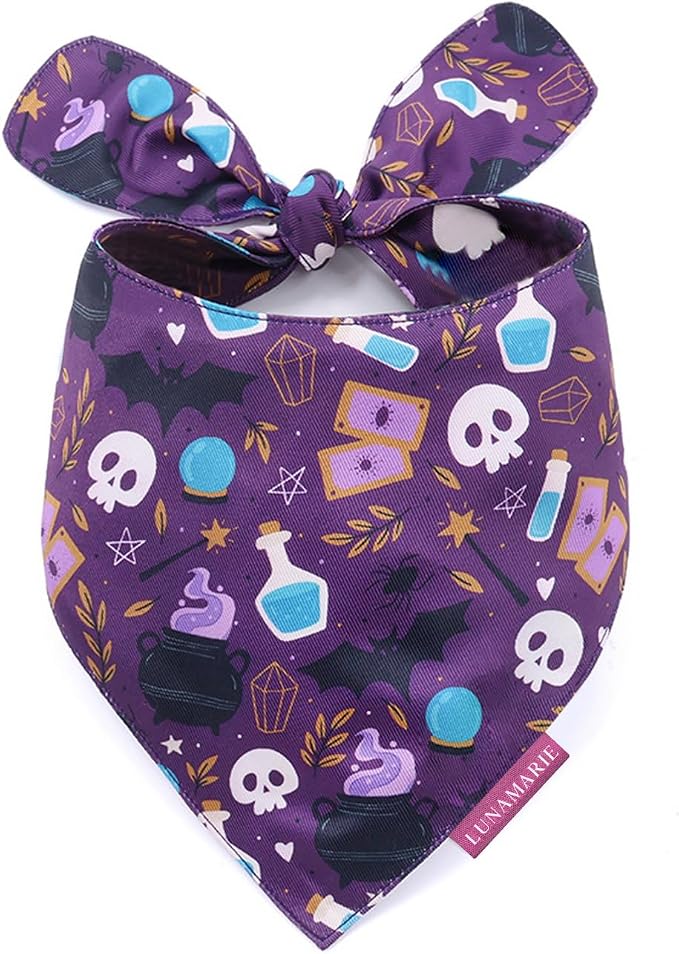 LunaMarie - Luxury Dog Bandanas - Cute Witch Magic Design | Premium & Silky Fabric | 100% Handmade | Custom Shape Dual Layered Reversible Small, Medium, Large Cat Scarf (Bewitched, Large)