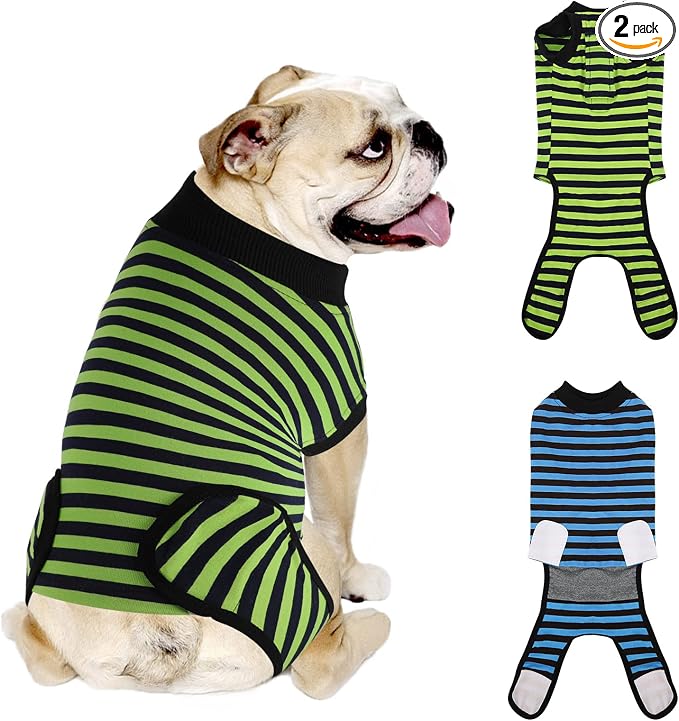 2 Packs Breathable Cotton Dog Recovery Suit for After Neuter Spay Abdominal Wounds Protector, Professional Anti-Licking Onesies for Male Female Pets Surgery Bandages, L Blue & Green Stripes
