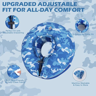 IEUUMLER Inflatable Recovery Dog Cone Collar, Neck Donut Protective ECollar, Adjustable Soft Collar for Dog and Cat After Surgery Prevent from Biting & Licking EU020 Blue Camo L+