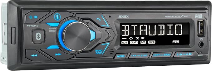 Jensen MPR210 Single DIN Bluetooth Car Stereo, Hands-Free, AM/FM, USB | Bluetooth hands-free calling and streaming, push-to-talk assistant, USB playback and charging