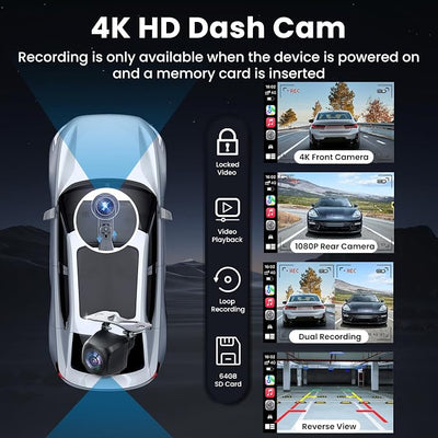 Wireless Apple CarPlay Screen for Car, 9" Portable Carplay & Android Auto Touchscreen Stereo with 4K Dash Cam 64GB SD, Car Radio with App Control, Bluetooth 1080P Backup Camera, GPS, Voice Control, FM
