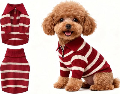 Small Dog Sweater with Zipper, Knitted Striped Pullover Dog Clothes for Cold Weather, Thick Warm Cozy Stretchy Sweater for Chihuahua, Bulldog, Dachshund, Pug(Red & White Strip, M)