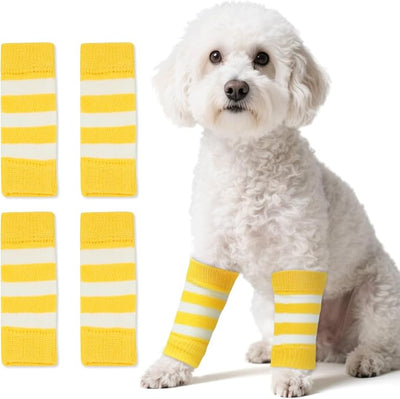 ROZKITCH Pet Dog Elbow Protector Dog Elbow Sleeve, 2PCS Front Leg and 2PCS Back Leg Knee, Elbow Wrap Leg Warmer Wrap Protector, Pet Elastic Knitted Breathable Protective YellowStripe M
