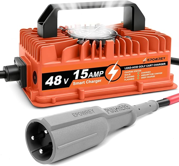 EPOWREY 48 Volt Golf Cart Battery Charger 15 AMP for Club Car Precedent & DS Series with 3-Pin Round Plug- Lead Acid