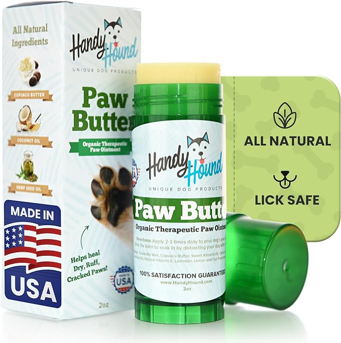 Handy Hound Paw Butter Dog Paw Balm for Dry Cracked Paws, Lick Safe, 2 oz | All natural nourishing balm soothes paws, nose and dry skin, mess-free twist-up stick, made in the USA