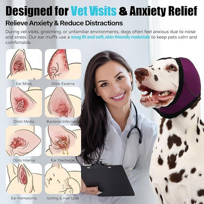 Dog Ear Muffs Wrap for Hematoma, Bathing, Drying, Swimming & Noise Anxiety Relief- Elastic Waterproof Ear Protection with Calming Hoodie Design for Grooming