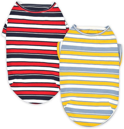 Dog Shirts Cotton Striped T-Shirt, Summer Pet Clothes for Small Dogs, 2-Pack Soft Puppy Apparel Cat Tee, Breathable Stretchy, Red Yellow L